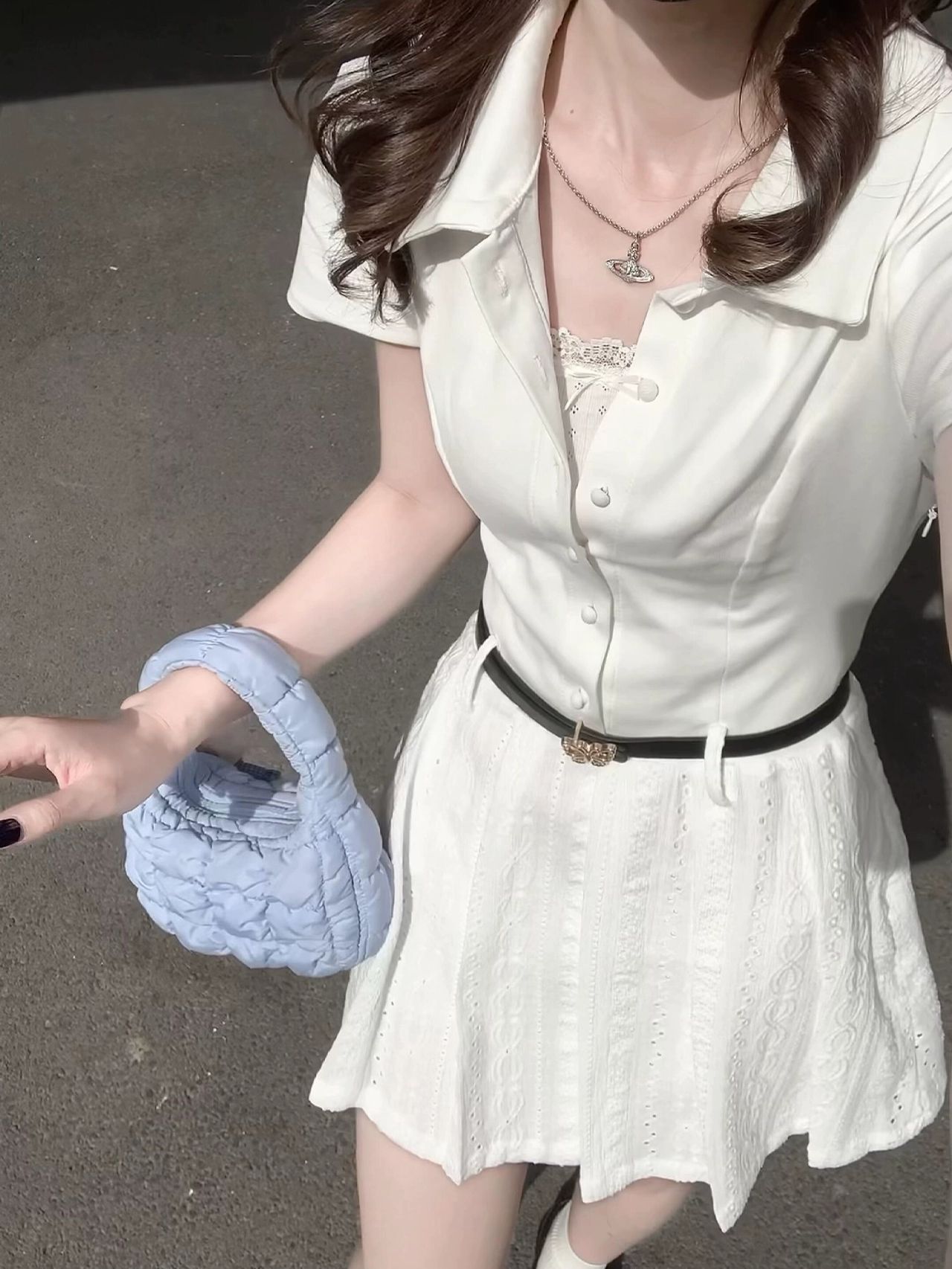 MY10894# 法式学院风白色衬衫连衣裙女夏日绝美小白裙收腰公主百褶短裙子女裝貨源服裝批發