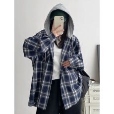 批发韩版复古连帽格子衬衫女<b class='q'>春</b>秋装宽松慵懒风大码衬衣外套