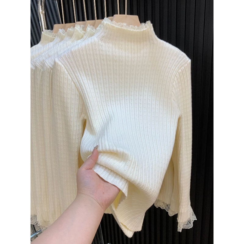 MY14253# 温柔风蕾丝拼接半高领内搭针织毛衣女chic肌理感绝美打底...
