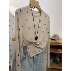 批发夏季纯欲辣妹圆领蝴蝶结透视感打底衫女修身显瘦长袖T恤夏