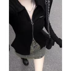 批发韩国<b class='q'>外贸</b>250克仿棉坑条高质量特价黑色拉链长袖开衫修身防晒上衣