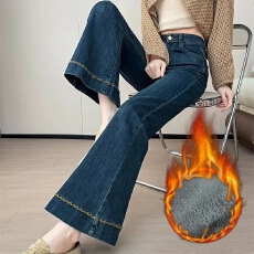 批发S-4XL微喇牛仔裤女加绒加厚新款大码胖mm高腰显瘦喇叭<b class='q'>九分裤</b>子