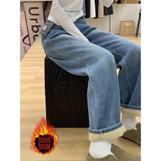 批发加绒加厚直筒牛仔裤女2025年冬季新款高腰宽松梨形身材拖地阔腿裤