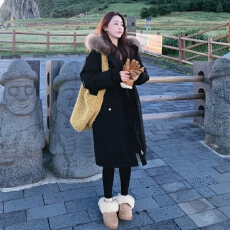 批发大毛领连帽羽绒棉服女冬季韩版新款牛角扣宽松大码胖mm中长款外套