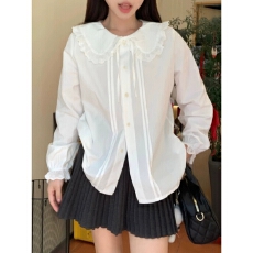 批发春秋长袖泡泡风上衣女法式复古蕾丝边娃娃领<b class='q'>白色</b><b class='q'>衬衫</b>系带宽松<b class='q'>衬衣</b>