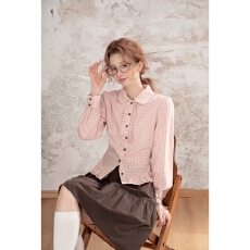 批发LOVEHEYNEW温柔系粉色格子木耳花边翻领衬衫女秋<b class='q'>甜美</b>气质时尚上衣