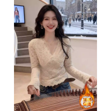 批发纯锦加绒蕾丝打底衫<b class='q'>新款</b>秋冬气质高级纯欲内搭v领<b class='q'>上衣</b>