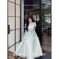 批发茶歇法式<b class='q'>甜美</b>清新多巴胺高级感晕染印花拼接网纱收腰假两件连衣裙