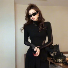 批发官图实价 网纱拼接上衣<b class='q'>女</b>春夏御姐高级新款小衫紧身别致长袖t恤潮