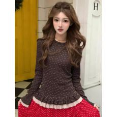 批发羊绒 复古咖色波点长袖t恤设计感特别漂亮掐腰上衣2026春季款