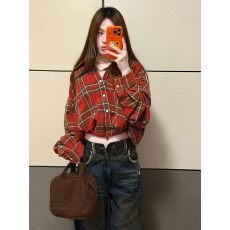 批发官图实价美式复古红色格纹松紧下摆衬衫春季<b class='q'>新款</b>小众慵懒衬衣