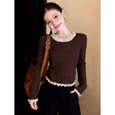 批发人棉 1.1 设计感假两件木耳边长袖T恤女冬季<b class='q'>新款</b>修身印花上衣