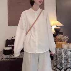 批发纯棉韩系白色长袖衬衫<b class='q'>女</b>2026春季新款宽松翻领简约衬衣上衣