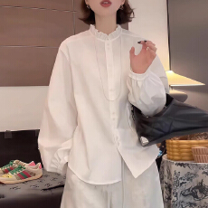 批发纯棉百搭木耳花边领白色衬衫<b class='q'>女</b>长袖上衣2026春季新款宽松打底衬衣