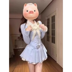 批发甜美学院风韩系衬衫<b class='q'>连衣裙</b>女设计感长袖蝴蝶结撞色显瘦<b class='q'>连衣裙</b>