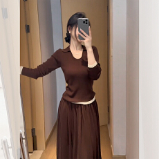 批发安迪绒翻领咖色长袖上衣针织衫<b class='q'>女</b>秋冬高级小众撞色毛衣内搭打底衫