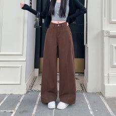 批发实拍实价~美拉德咖色休闲直筒<b class='q'>牛仔</b>裤<b class='q'>女</b>美式高腰宽松显瘦阔腿长裤