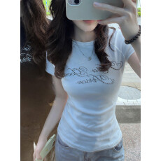 批发40支棉，210克美式烫钻字母修身短袖女夏季<b class='q'>街头</b>显瘦正肩t上衣