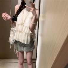 批发原版质量+内里绝美法式荷叶边挂脖上衣女显瘦<b class='q'>设计</b>感吊带背心