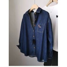 批发复古港风彩色小马刺绣单口袋<b class='q'>长袖</b>牛仔衬衫韩系通勤百搭通勤上衣