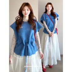 批发韩系穿搭蓝色抽绳针织马甲叠穿上衣早春新款慵懒风<b class='q'>套头毛衣</b>背心女