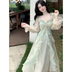 批发法式茶歇纯欲风公主长裙纯欲仙气灰晕染荷叶边朦胧美感连衣裙女