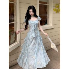 批发星海鎏金仙气温柔度假氛围一字肩烫金雪纺荷叶边高级设计感<b class='q'>连衣裙</b>