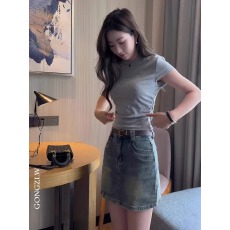 批发官图 实价40支纯棉210克92棉/8氨纶褶皱收腰短袖正肩刺绣