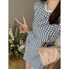 批发法式<b class='q'>格</b>纹收腰显瘦短袖<b class='q'>连衣裙</b>女夏天温柔风小个子复古气质茶歇裙子