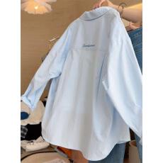 批发韩系白色polo领防晒衬衫女夏高级感通勤后背字母衬衣开衫外套春秋