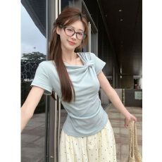 批发莫代尔人棉设计感扭结蓝色短袖T恤女夏季褶皱别致正肩上衣