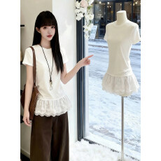 批发官图实价法式白圆领拼接蕾丝花边短袖t恤夏季收腰褶皱正肩修身