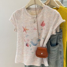 批发实拍甜美风趣味印花圆领短袖T恤女夏季百搭减龄修身正肩短款上衣