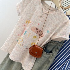 批发实拍复古彩绘涂鸦字母短袖t恤女夏季设计感别致修身显瘦百搭上衣