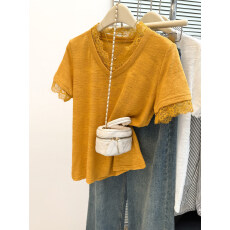 批发实拍蕾丝拼接短袖T恤女装春夏季设计感条纹肌理感V领宽松上衣