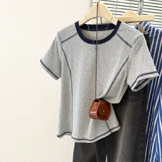 批发实拍纯棉罗纹新款夏季撞色明线短袖T恤女圆领正肩修身显瘦上衣