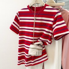批发实拍撞色条纹短袖T恤女夏季新款韩版宽松显瘦打底衫内搭半袖上衣