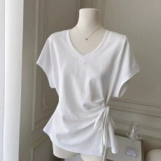 批发纯棉绑带设计感小众V领短袖T恤女夏季<b class='q'>韩版</b>内搭外穿打底衫收腰上衣