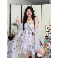 批发2026新款多巴胺夏连体裙式罩衫长袖防晒度假连衣裙套装油画风裙子