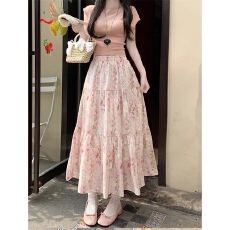 批发法式复古碎花百褶半身裙女夏季新款松紧腰显瘦A字中长款大摆伞裙