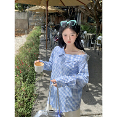 批发甜美露肩绑带<b class='q'>格子衬衫</b><b class='q'>女装</b>2026春夏新款别致宽松设计感长袖上衣