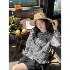 批发韩系蝴蝶结<b class='q'>格子</b>长袖<b class='q'>衬衫</b>女2026春夏新款甜美减龄圆领花边上衣
