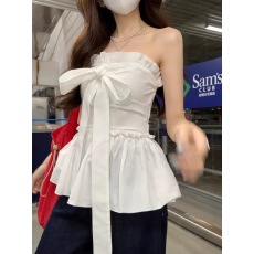 批发甜美风<b class='q'>白色</b>蝴蝶结绑带抹胸背心女夏季法式荷叶边别致收腰显瘦上衣