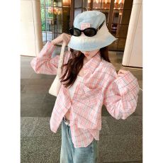 批发韩系粉色格子薄款长袖衬衫外套女春新款宽松衬衣开衫上衣
