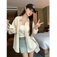 批发多巴胺蓝色肌理感长袖衬衫外套女春夏宽松薄款<b class='q'>中长款</b>防晒开衫衬衣