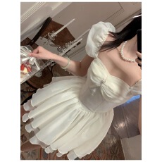 批发<b class='q'>可爱</b>俏皮女孩的夏日连衣裙气质温柔网纱小白裙收腰显瘦蓬蓬拍照裙