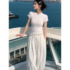 批发雪花棉法式蕾丝拼接圆领正肩短袖t恤女夏季设计感修身辣妹上衣