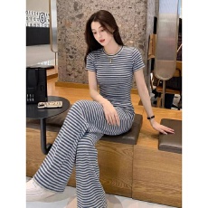 批发时尚休闲套装女夏季新款圆领条纹短袖高腰阔腿裤子修身显瘦两件套