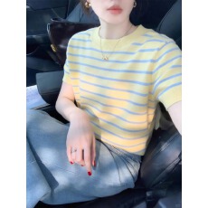 批发多巴胺黄色条纹圆领针织短袖T恤<b class='q'>女款</b>2026春季巨好看独特漂亮上衣