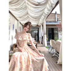 批发Q女家 布拉<b class='q'>格</b>之夏/绝美飘逸海边度假碎花大摆<b class='q'>连衣裙</b>夏一字肩长裙